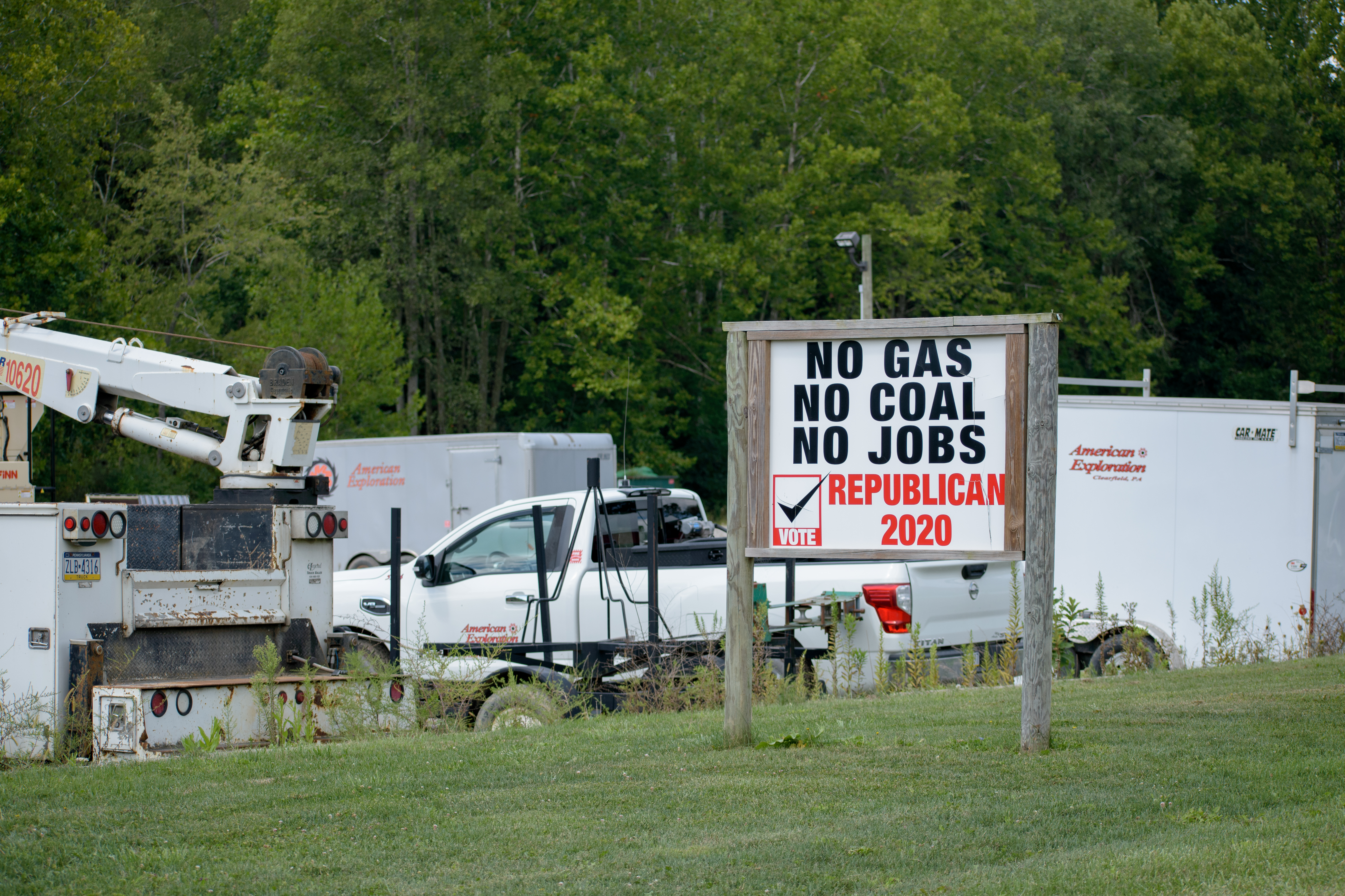 A sign referring to the 2020 election that states “No gas. No coal. No jobs.”